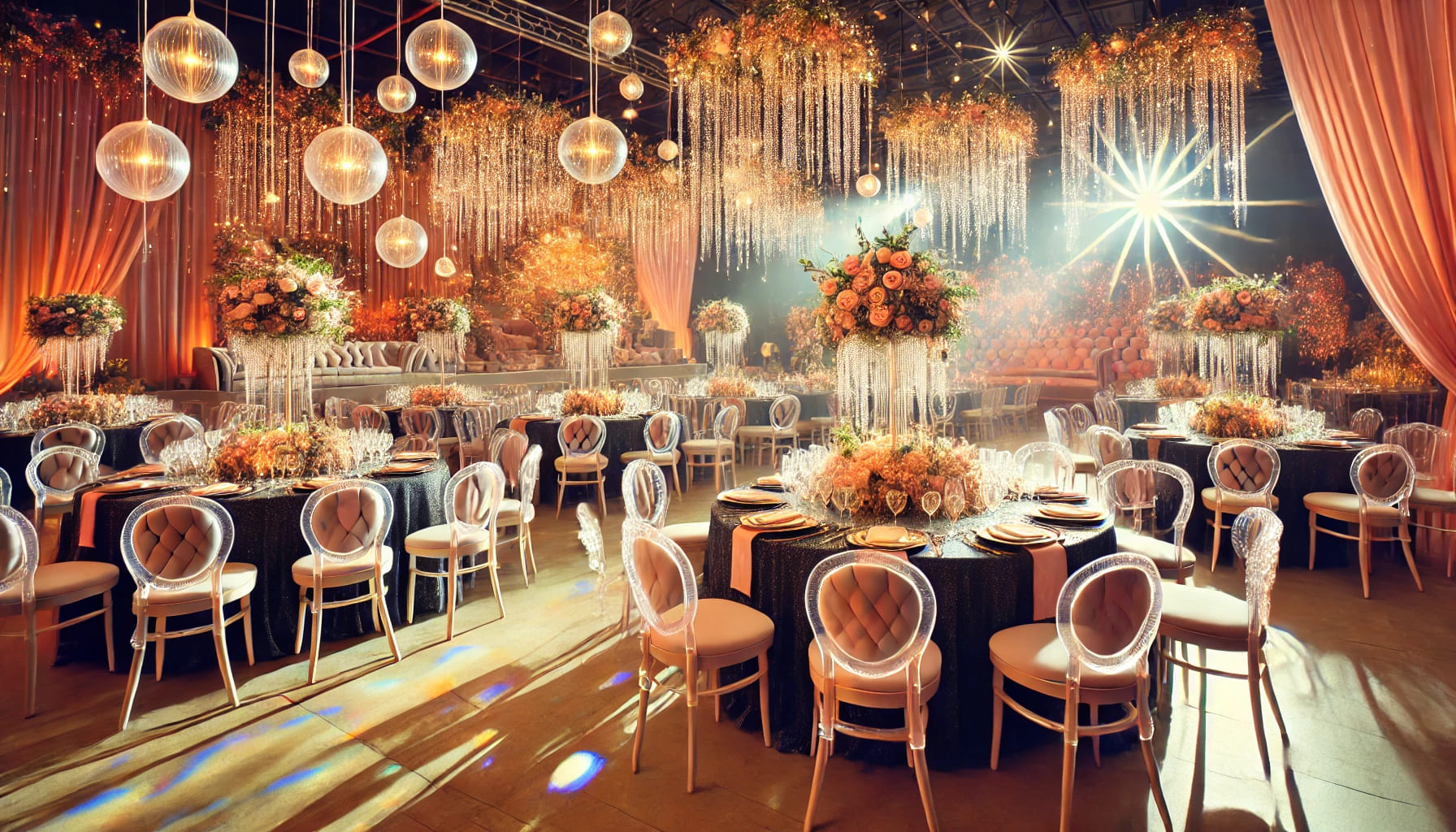 01 A beautifully decorated event space with elegant furniture hire, including stylish chairs and tables, setting a magical ambiance. The scene should be