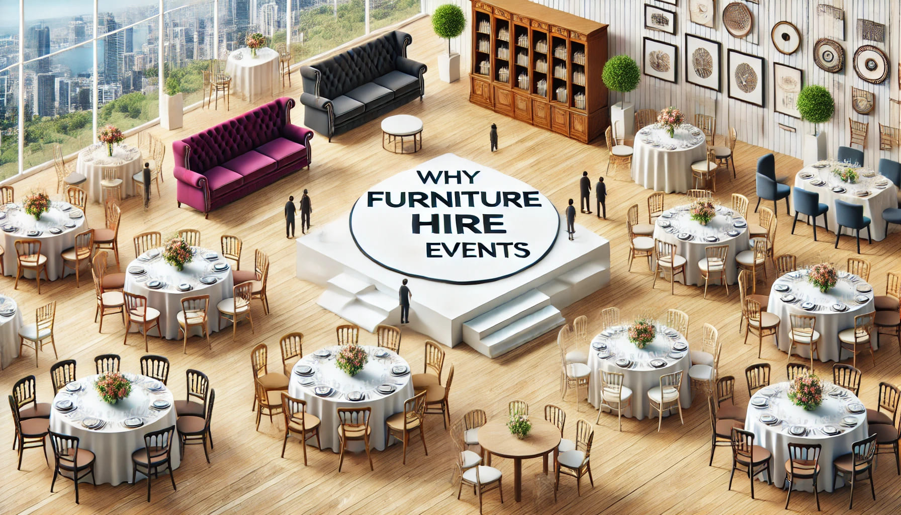 A well-organized event setup with diverse furniture hire options, showcasing why furniture hire matters for events. The image should include various s