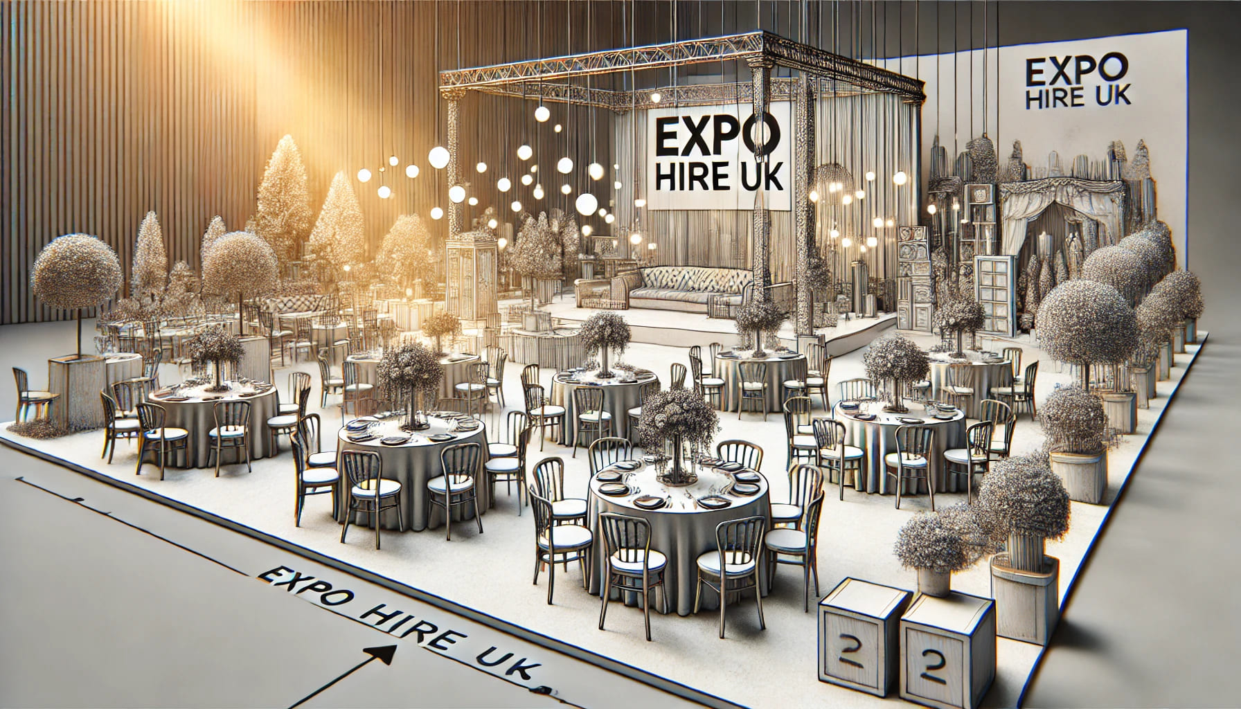 An event space being transformed with Expo Hire UK's furniture and equipment, including tables, chairs, and decorative elements. The image should show