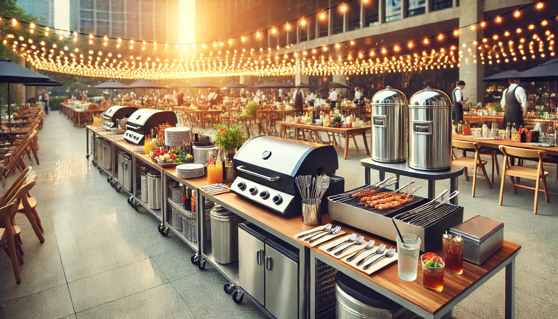 A high-quality catering equipment setup at an event, including BBQs, beverage dispensers, and serving stations. The image should show a well-organized