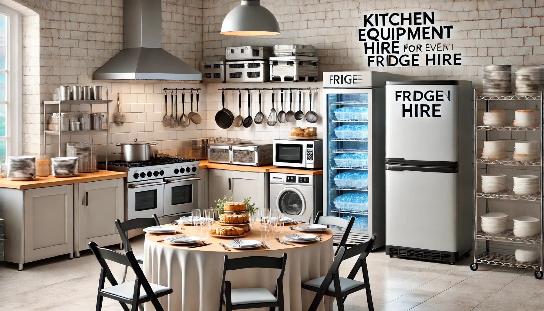 A kitchen equipment hire setup for an event, including cooking appliances, storage solutions, and fridge hire. The image should show a clean and effic