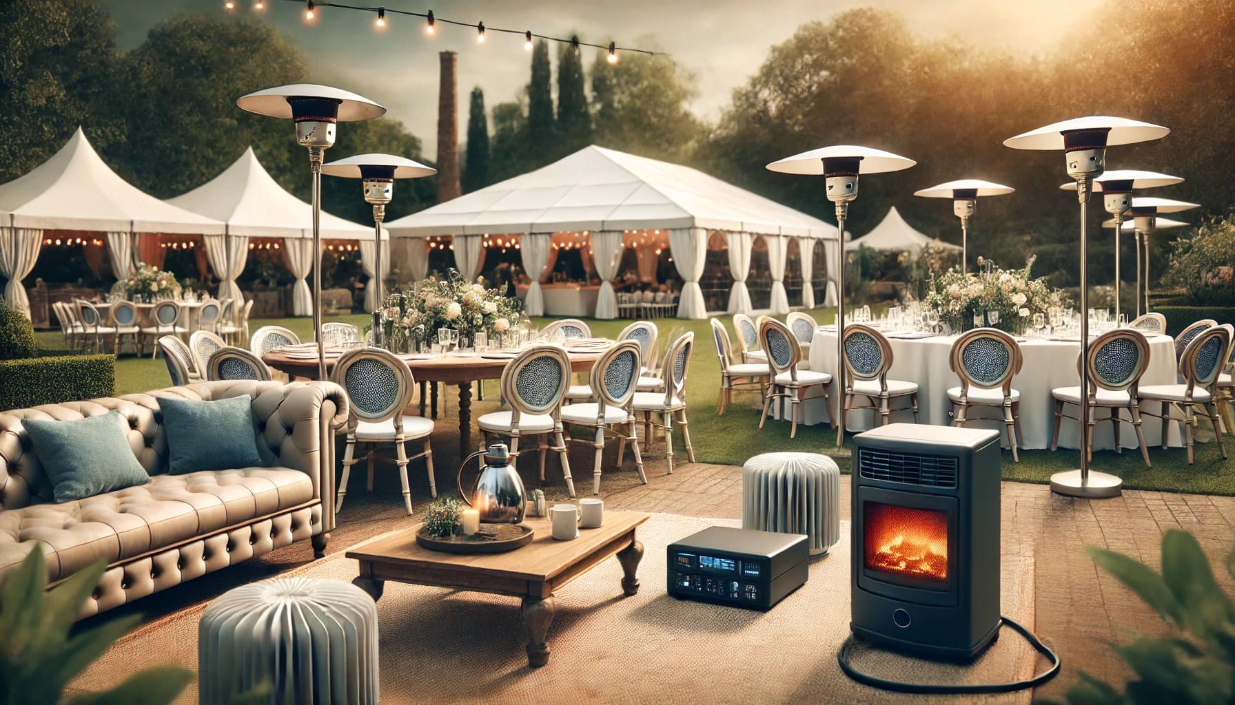 An outdoor event setup with hired equipment, including outdoor furniture, heating equipment, and gazebos. The image should show a comfortable and invi