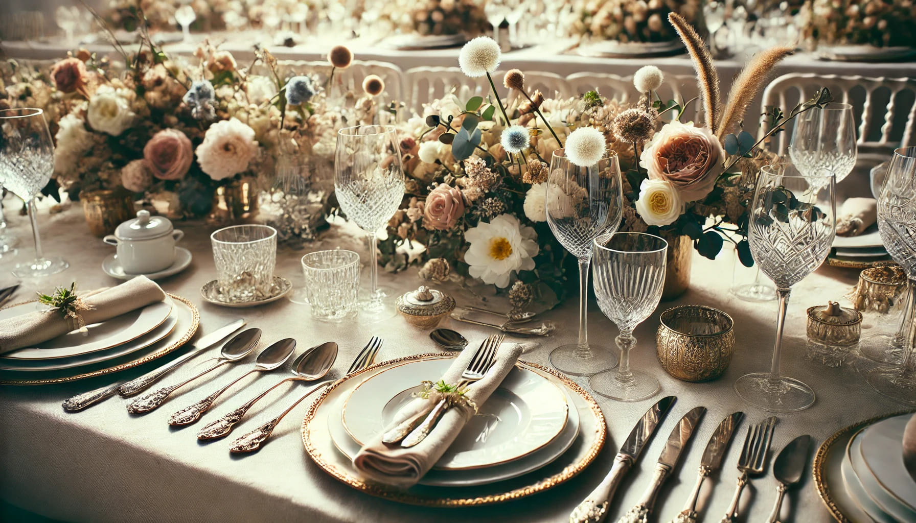 A beautifully arranged table setting at an event, showcasing hired crockery, cutlery, and glassware. The image should include elegant plates, forks, k