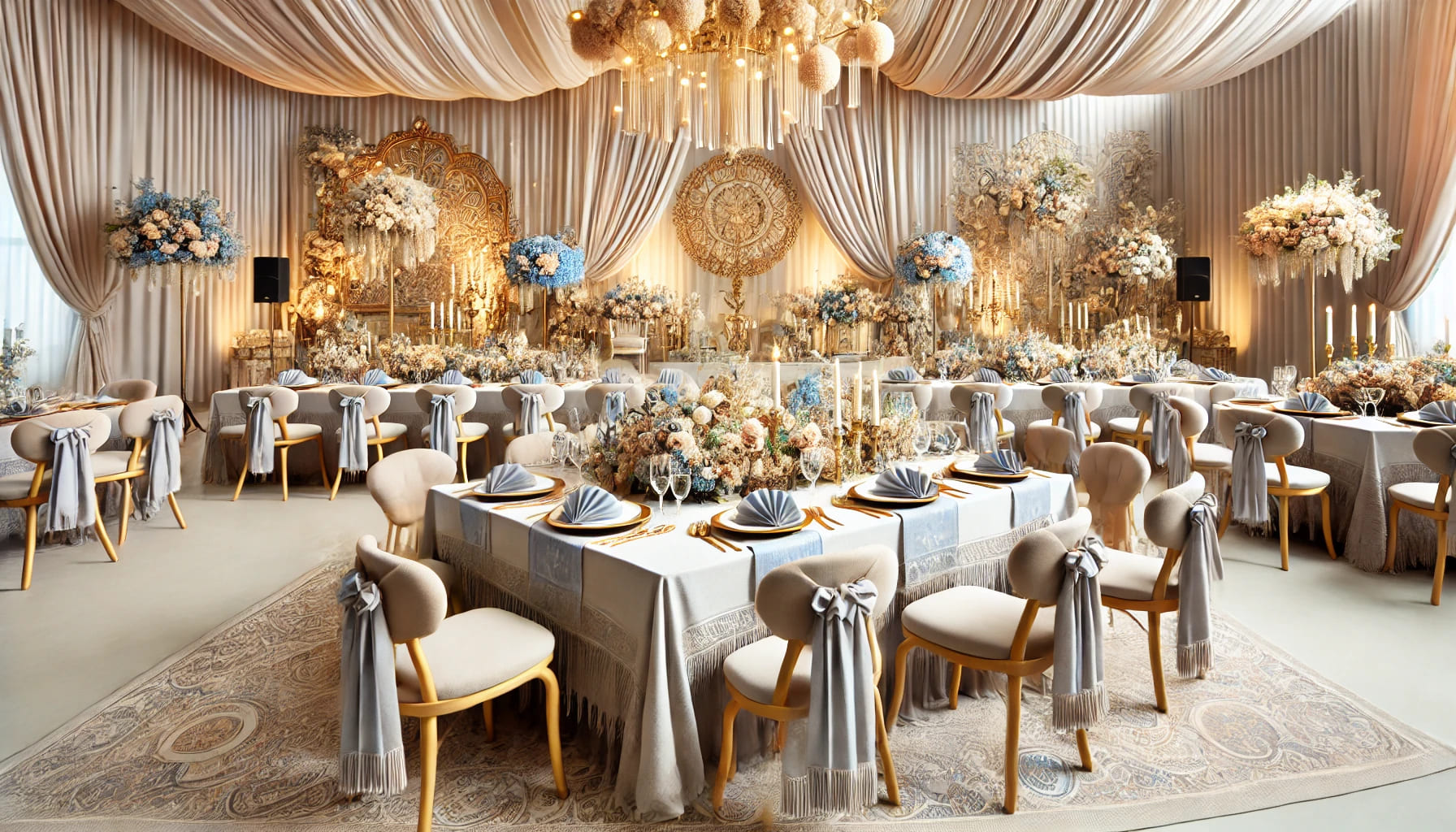 An event setup showcasing stylish and practical linen hire, including tablecloths, chair covers, and napkins. The image should show a beautifully deco