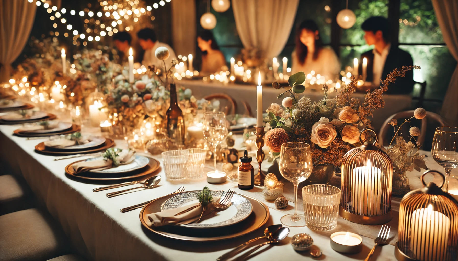 A beautiful dinner party setup with elegant tableware, soft lighting, and guests enjoying their meals in a cosy atmosphere