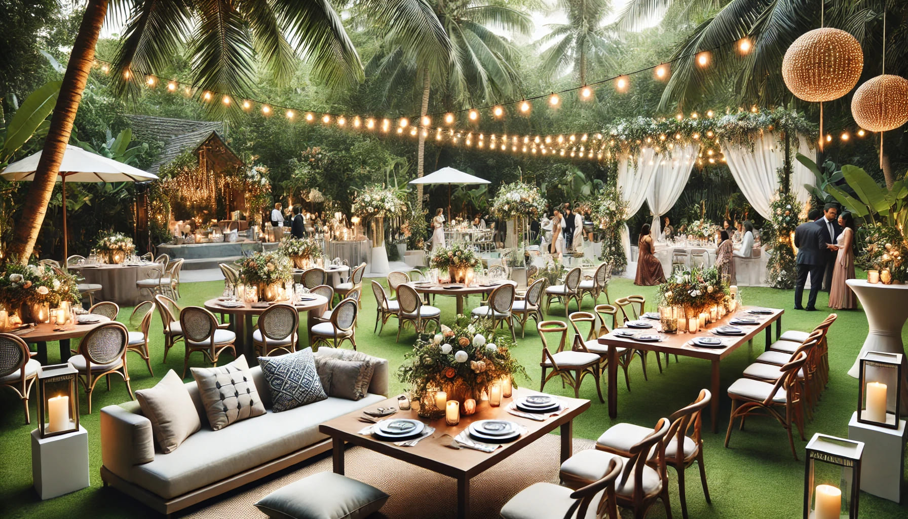 A beautiful outdoor event setup with various types of stylish furniture including chairs, tables, and sofas. The setting is in a lush garden with gues