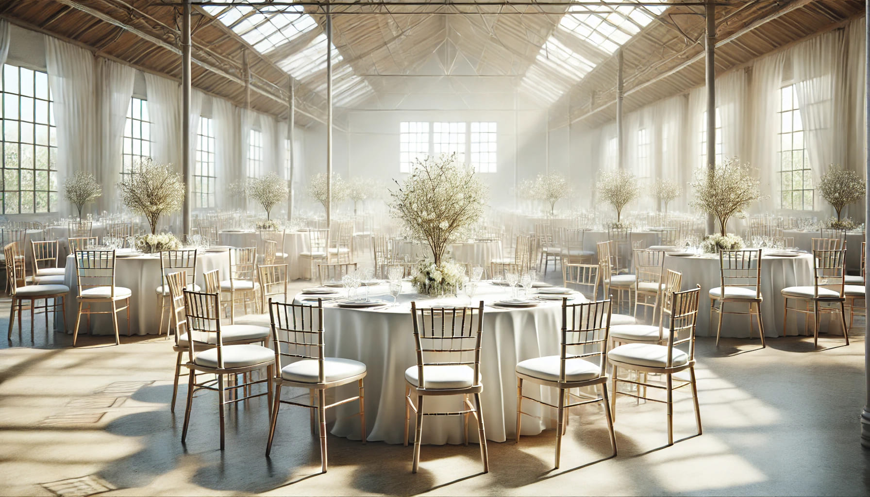 A beautiful, realistic image of a wedding setup featuring elegant Chiavari chairs arranged around round banquet tables. The tables are dressed in whit