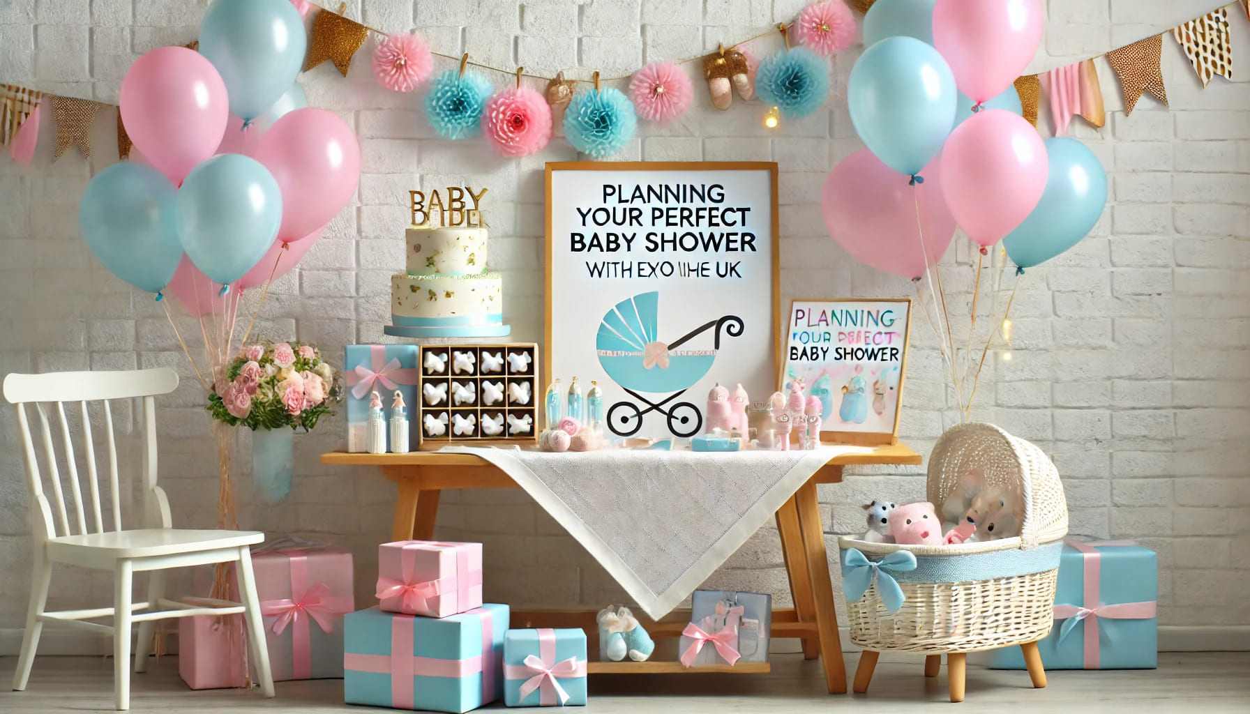 A beautifully arranged baby shower setup with balloons, decorations, and a table full of gifts, symbolizing planning your perfect baby shower with Expo Hire UK