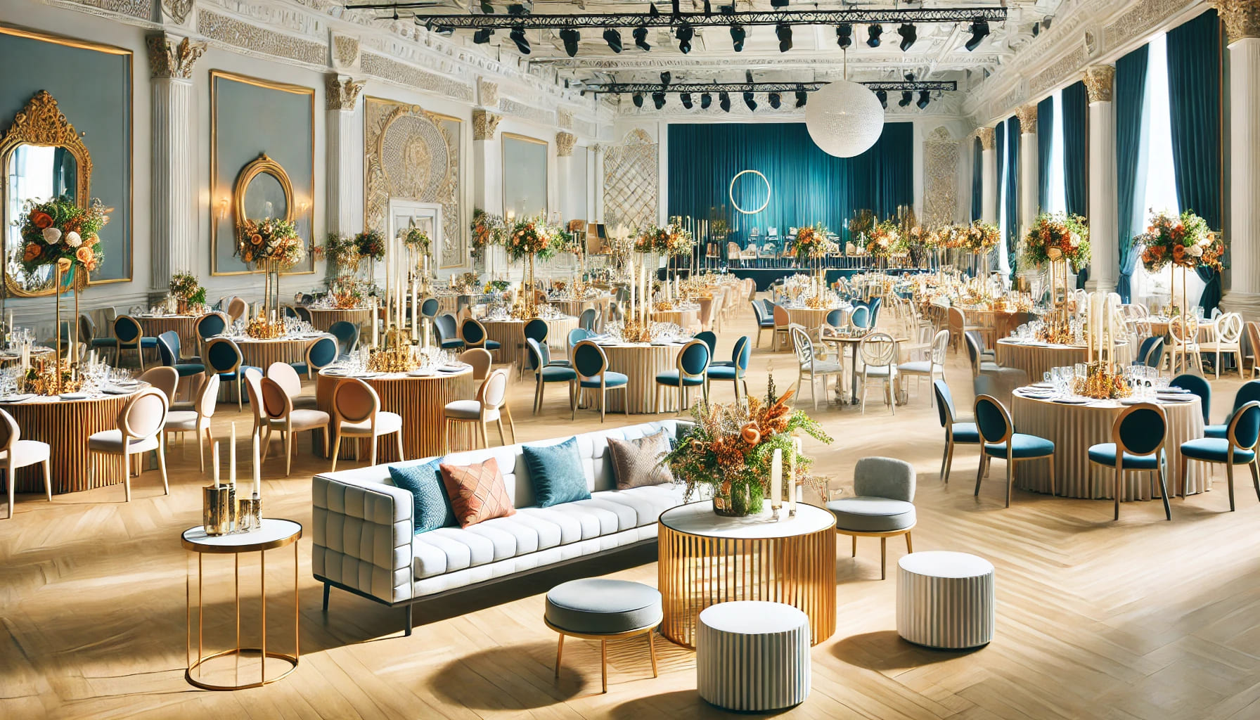 A beautifully arranged event space showcasing a variety of elegant furniture, including sofas, chairs, and tables. The setting is vibrant and inviting