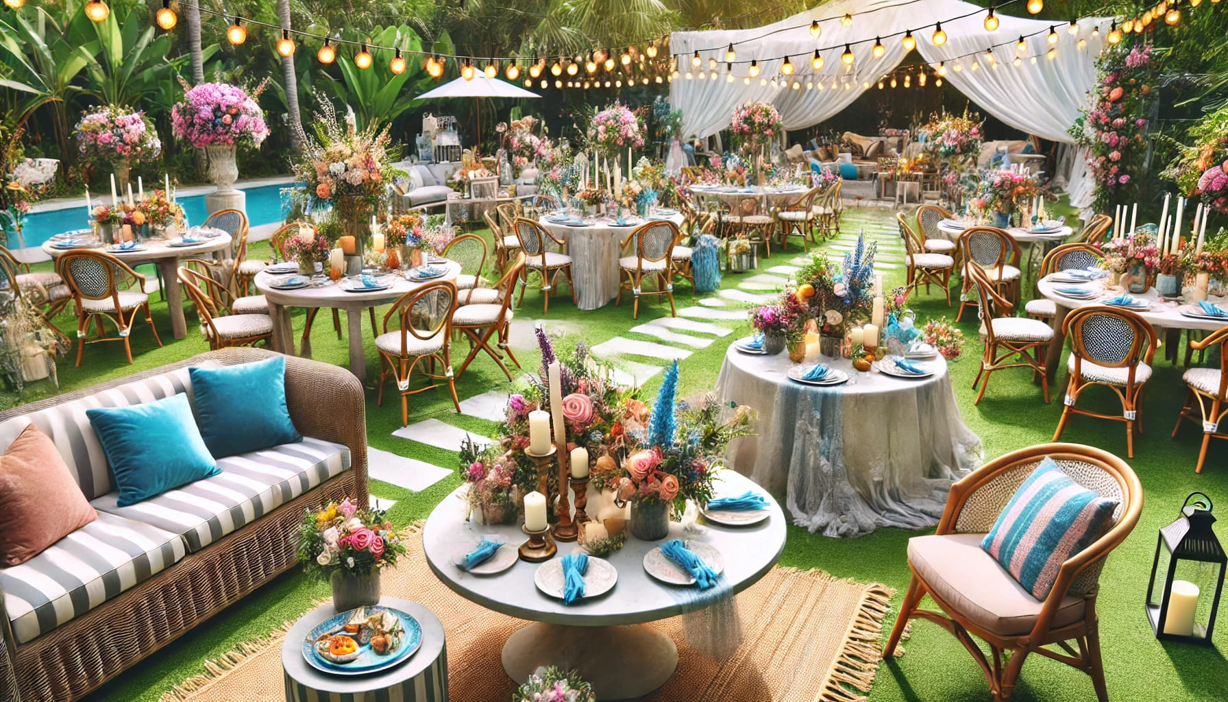 A beautifully arranged outdoor event in a garden with a variety of furniture, including tables, chairs, sofas, and decorations, showcasing a vibrant a