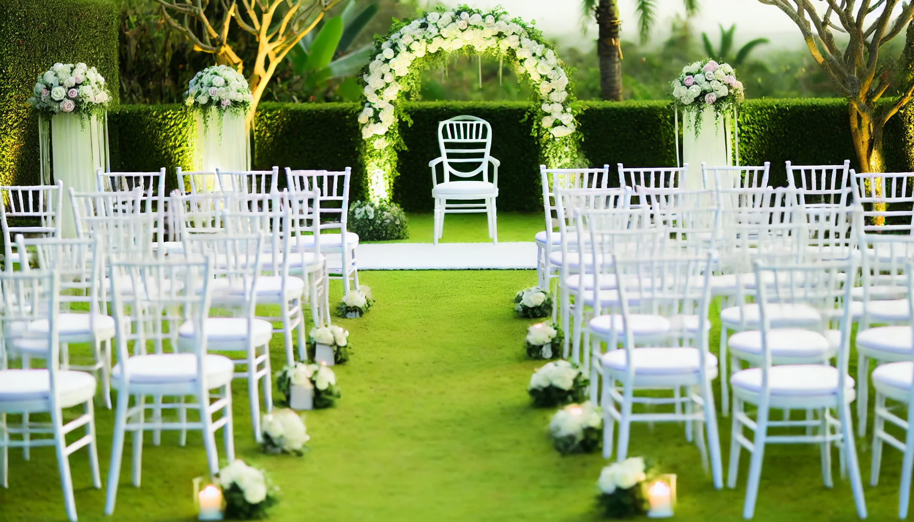 A beautifully arranged outdoor wedding ceremony space with white chairs lined up in rows, a floral arch at the front, and soft lighting