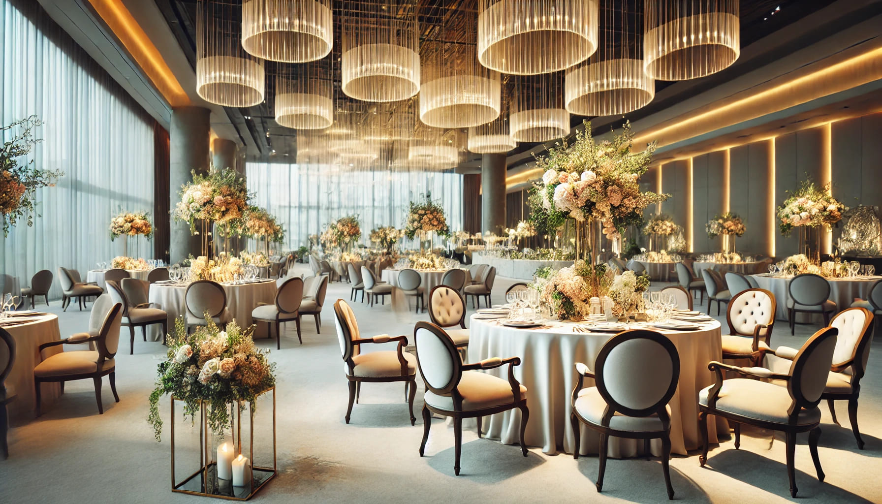 A beautifully decorated event space with elegant furniture, featuring stylish chairs and tables, set up for a formal gathering