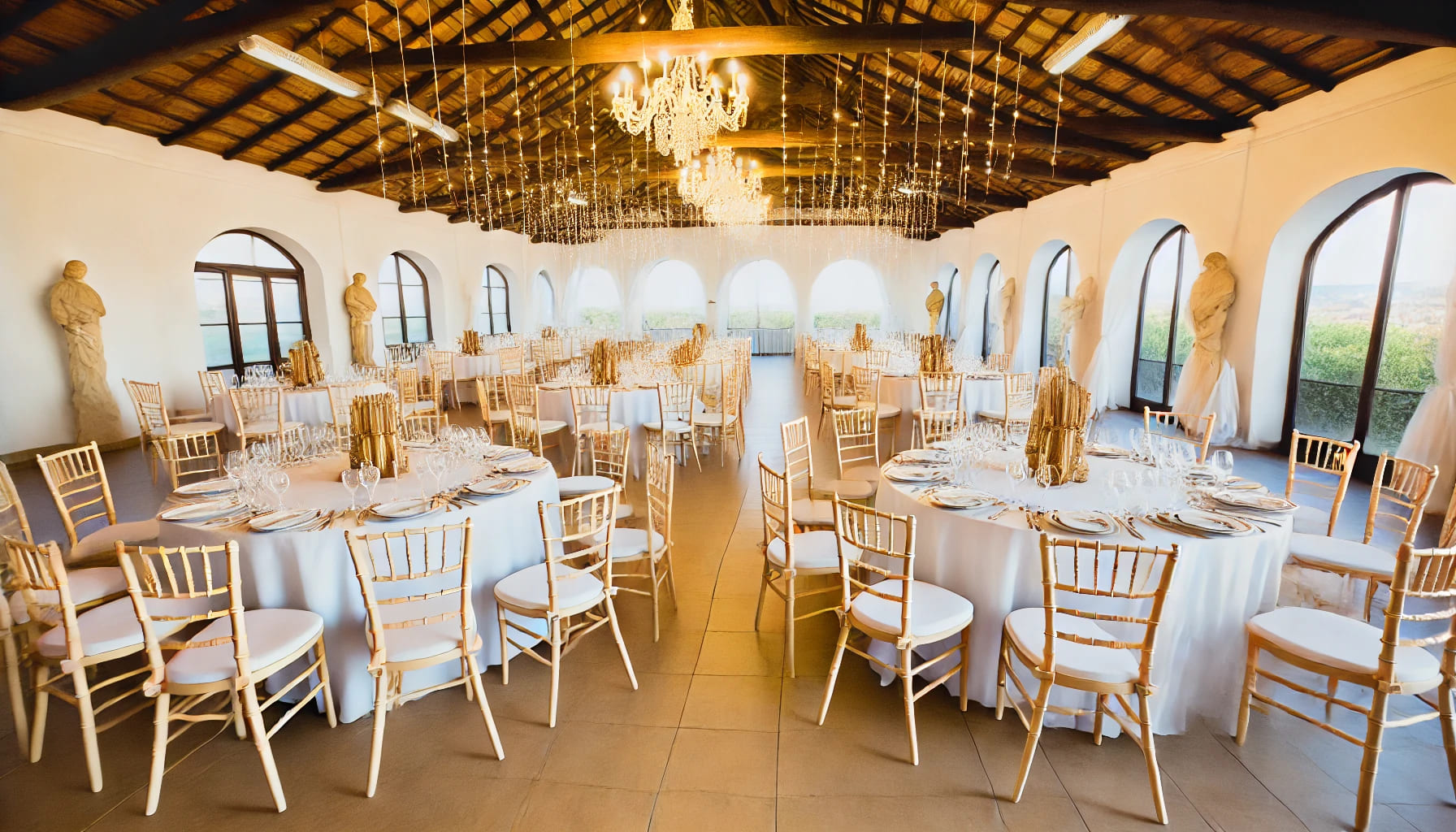 A beautifully decorated wedding venue with Chiavari chairs and round banqueting tables set for an elegant wedding