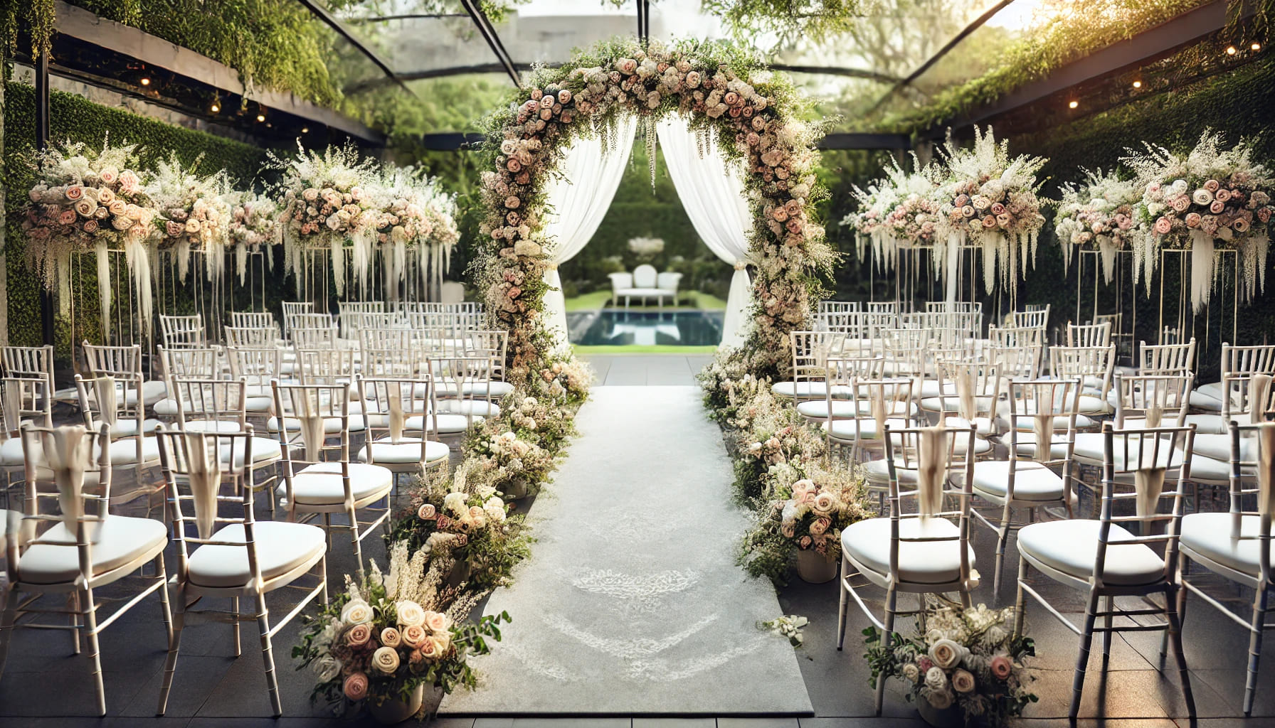 A beautifully decorated wedding venue with an elegant seating arrangement. The scene features rows of Chiavari chairs with white cushions, neatly arranged