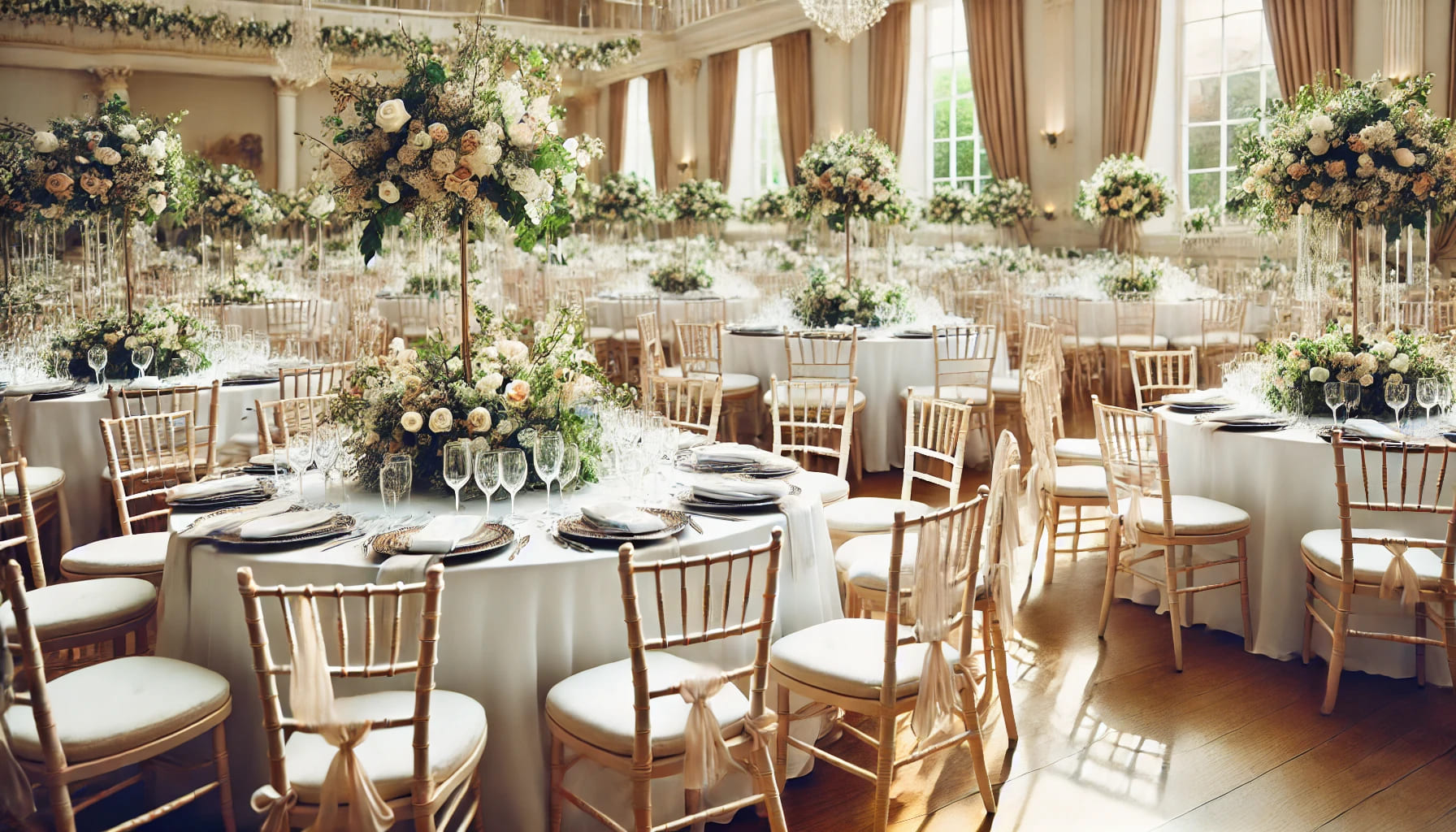 A beautifully decorated wedding venue with elegant furniture hire, including Chiavari chairs, round tables with white linens, and flor