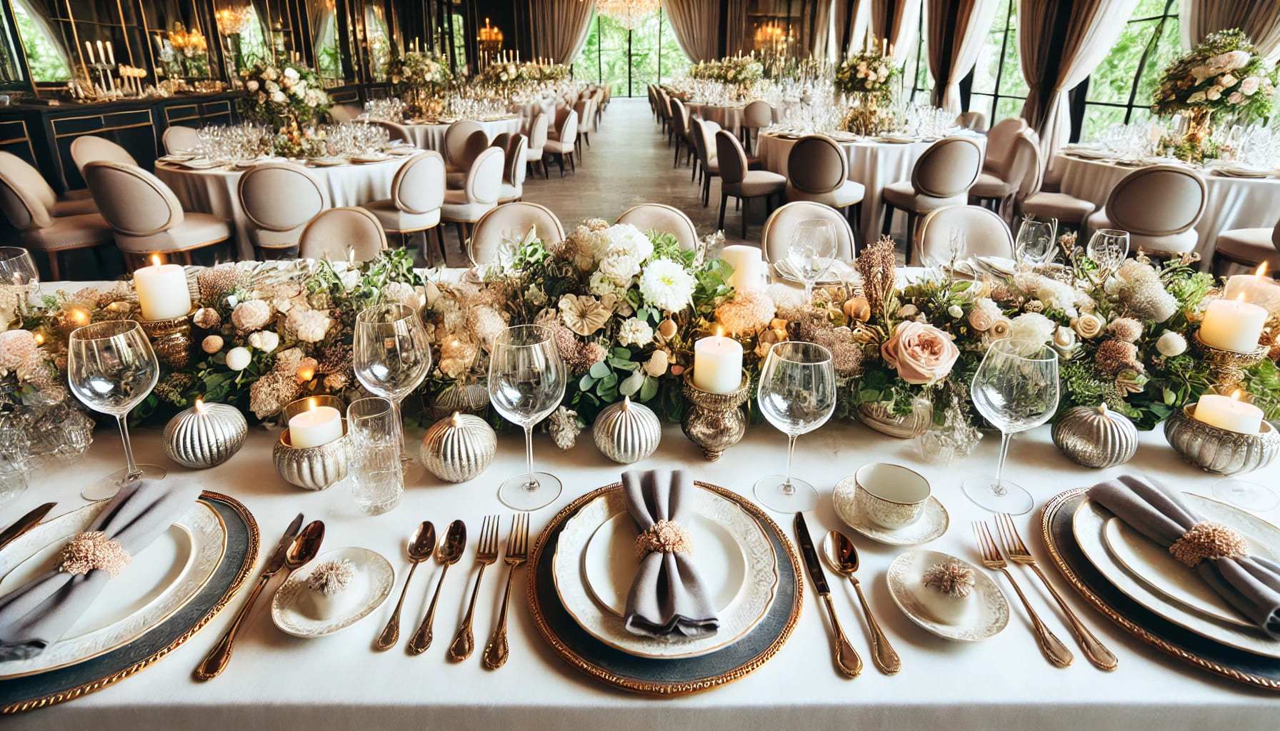 A beautifully set dining table with various elegant crockery pieces including plates, bowls, and glassware, set in a stylish event venue. The setup lo