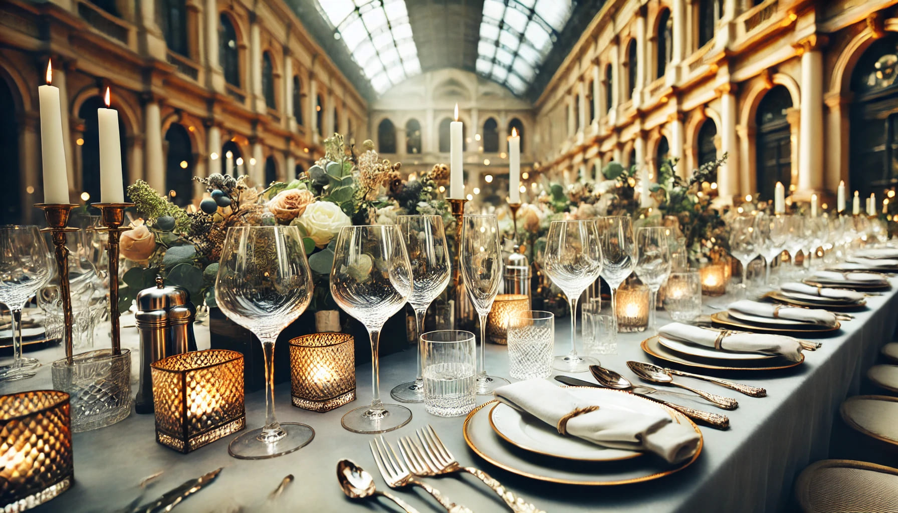 A beautifully set event table in London with a variety of stylish glassware, including wine glasses and Champagne flutes, ready for a sophisticated ga