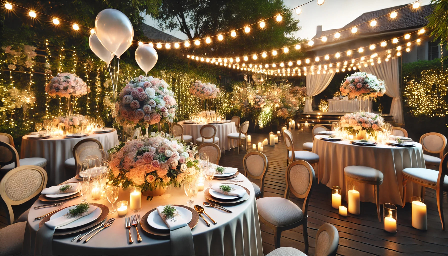 A beautifully set outdoor anniversary party scene with elegant decorations and a romantic atmosphere. The setup includes tables, chairs, and soft ligh