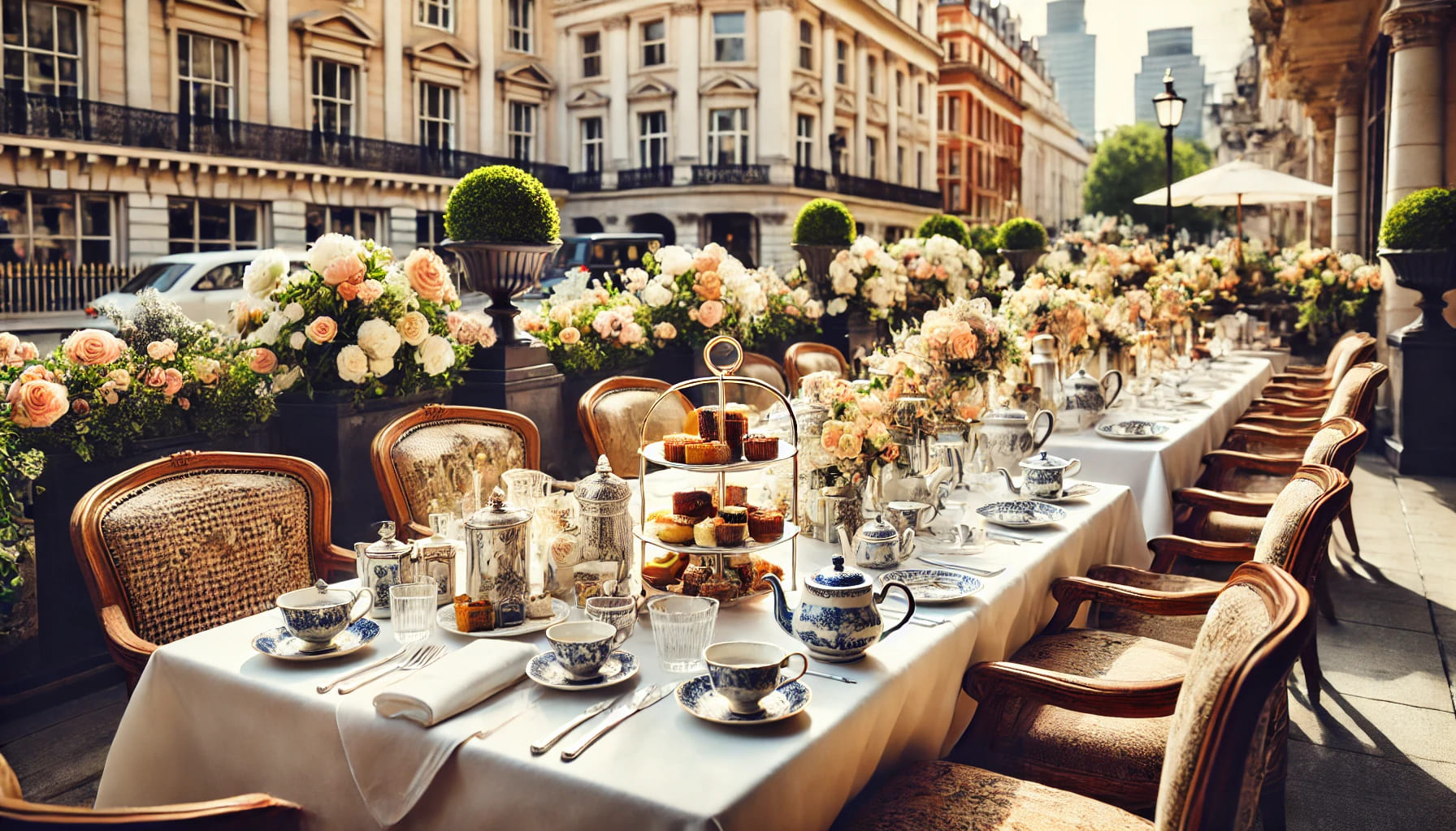 A beautifully set up afternoon tea party in London with elegant tables and chairs, surrounded by classic British decor, showing a range of tea pots, c