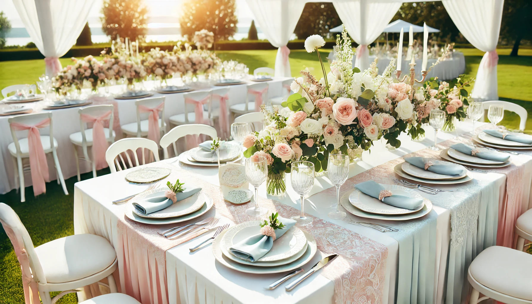 A beautifully set wedding table outdoors, featuring elegant white tablecloths, pastel-colored napkins, and matching table linens with subtle patterns