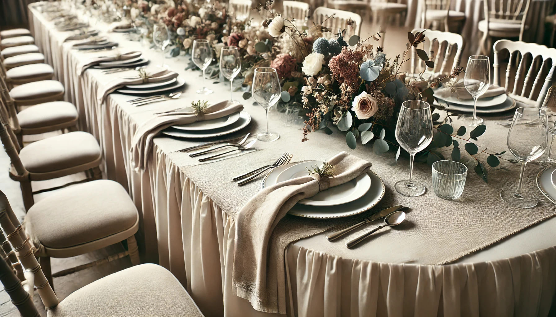 A detailed image of a well-decorated event table showcasing a perfectly selected catering table cloth. The table is elegantly set with high-quality