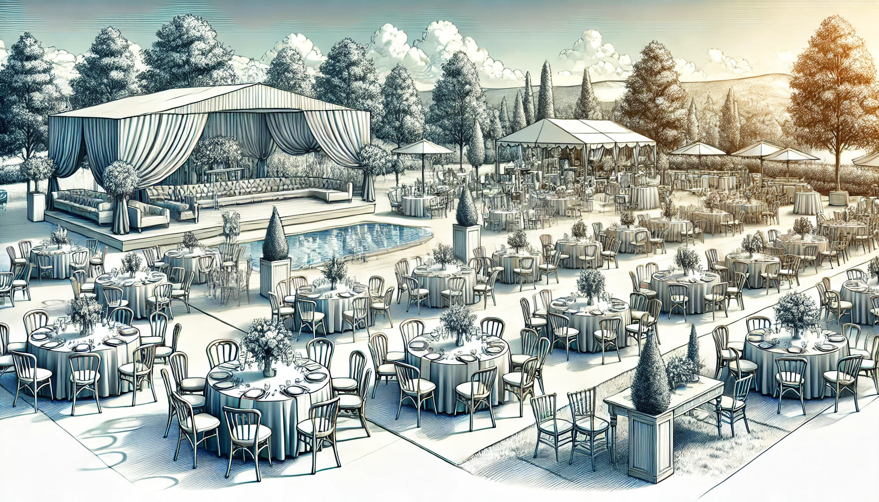 A detailed landscape image of a well-decorated event space showcasing various table and chair setups suitable for different occasions such as weddings