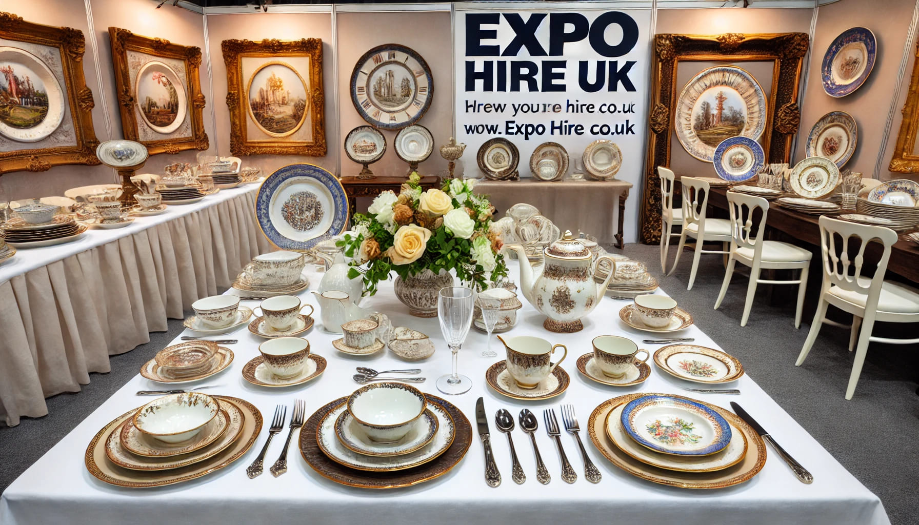 A diverse selection of elegant crockery displayed on a table, including plates, bowls, cups, and saucers, with a backdrop showing an Expo Hire UK bann