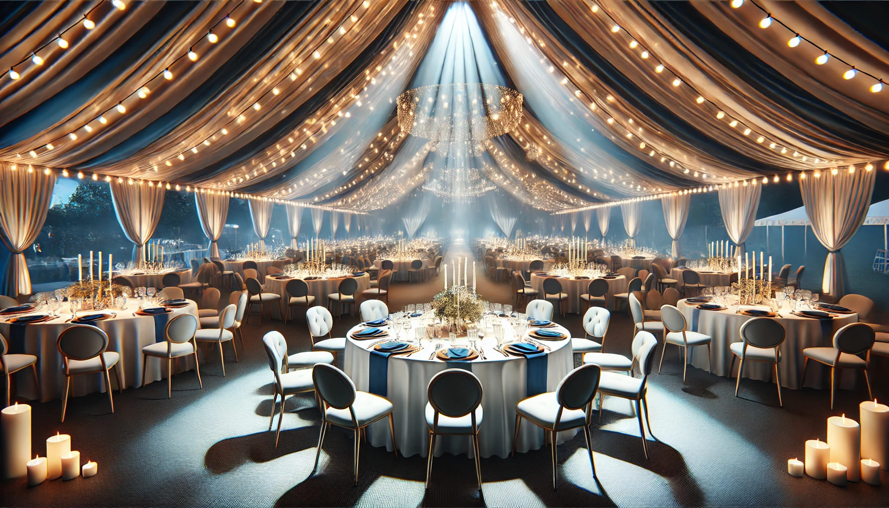 A high-quality, realistic image of an elegant event setup with well-arranged tables and chairs under a beautifully lit marquee, showcasing the concept