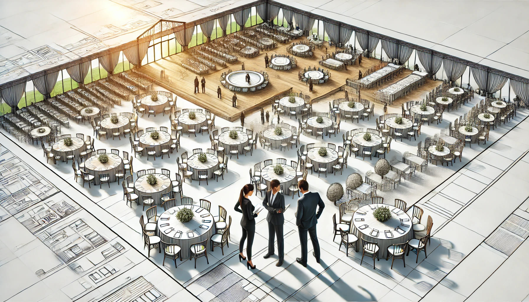 A realistic image of an event planning scene with various types of tables, such as round and trestle tables, arranged in a spacious venue. The image s