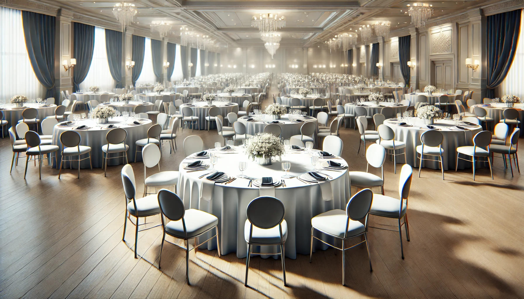 A realistic image showcasing a well-organized event space with round tables elegantly set up for a corporate event or wedding. The tables are arranged