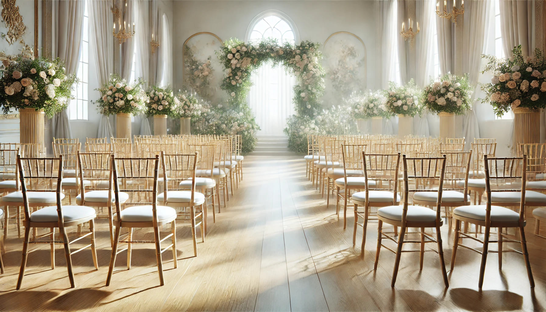 A realistic landscape image showing a beautifully decorated wedding venue with elegantly arranged Chiavari chairs in a mix of white and natural wood f