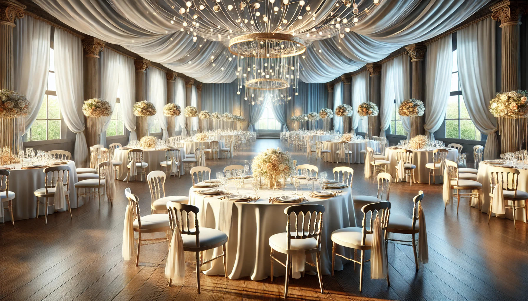 A realistic landscape-oriented image for the heading 'Selecting the Right Tables and Chairs' in an article titled 'A Complete Guide to Wedding Table a