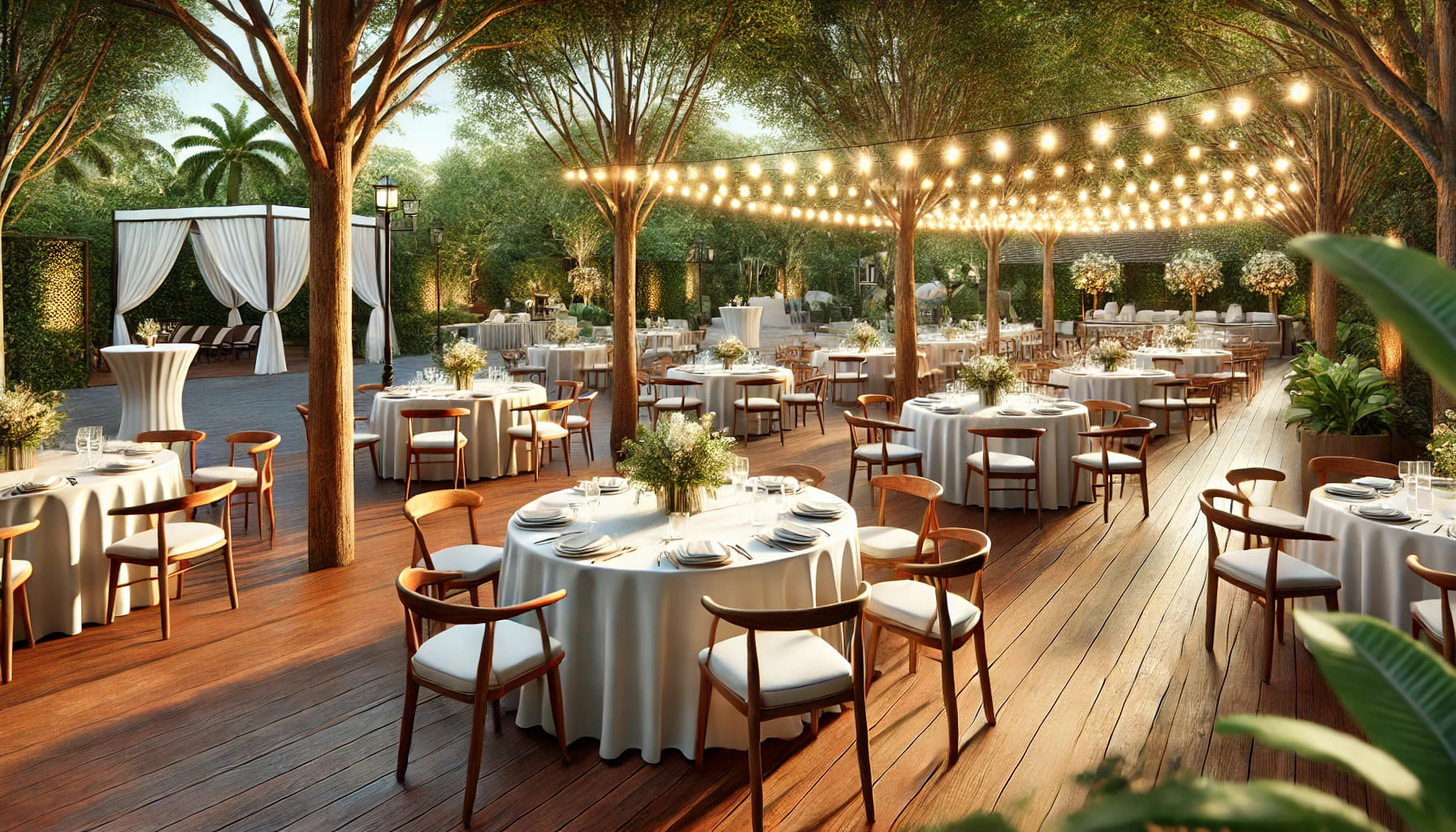 A realistic, well-lit image of an elegant event setup, showcasing a variety of tables and chairs arranged neatly in an outdoor garden setting with tre