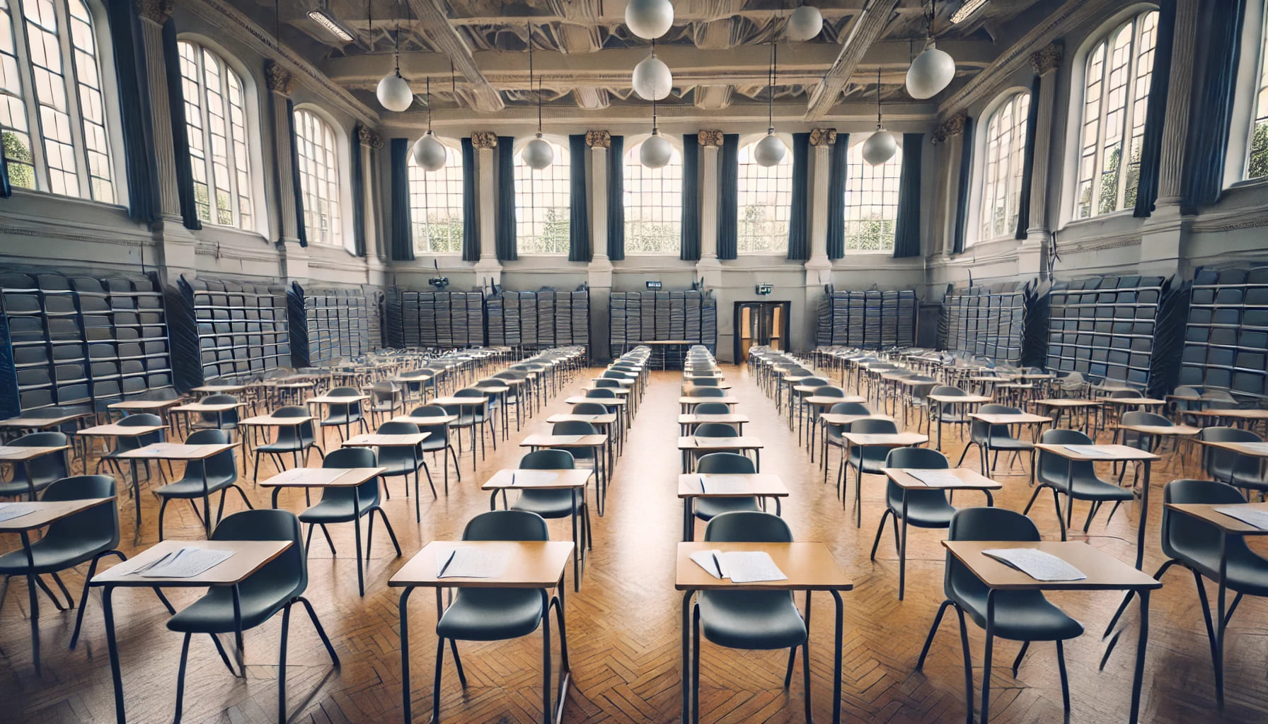 A spacious exam hall in the UK filled with neatly arranged chairs and desks, ready for students to take their exams. The chairs and desks are simple a