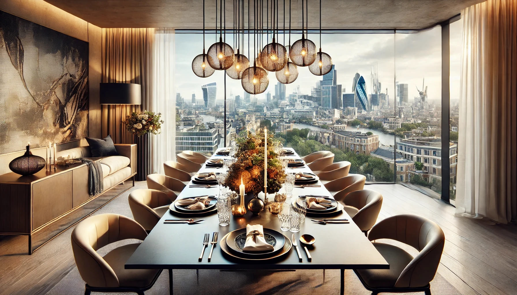 A stylish private dining setup in London with a table set for an elegant meal, featuring modern decor and a view of the city skyline in the background