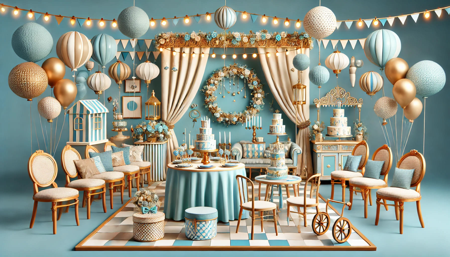 A themed party setup with matching furniture and decor, illustrating the importance of matching the theme for event planning, no text