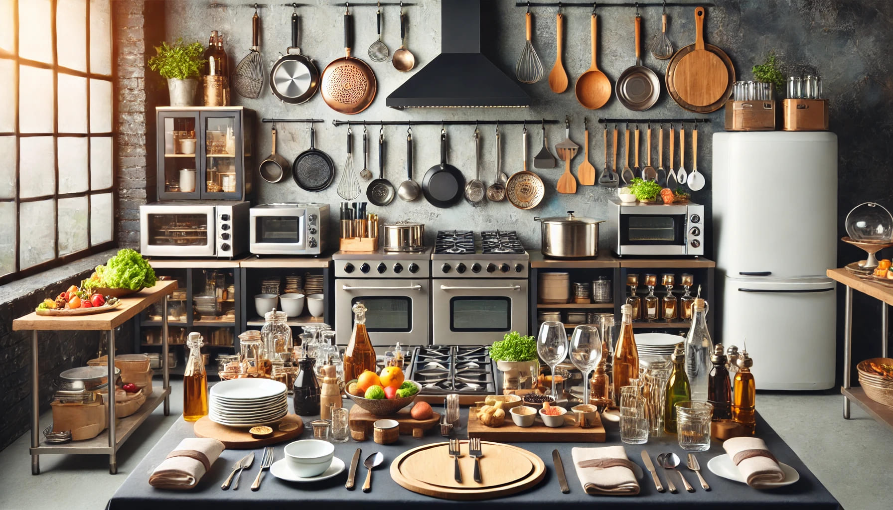 A variety of essential catering equipment including stoves, ovens, fridges, and utensils set up for an event in a professional kitchen setting