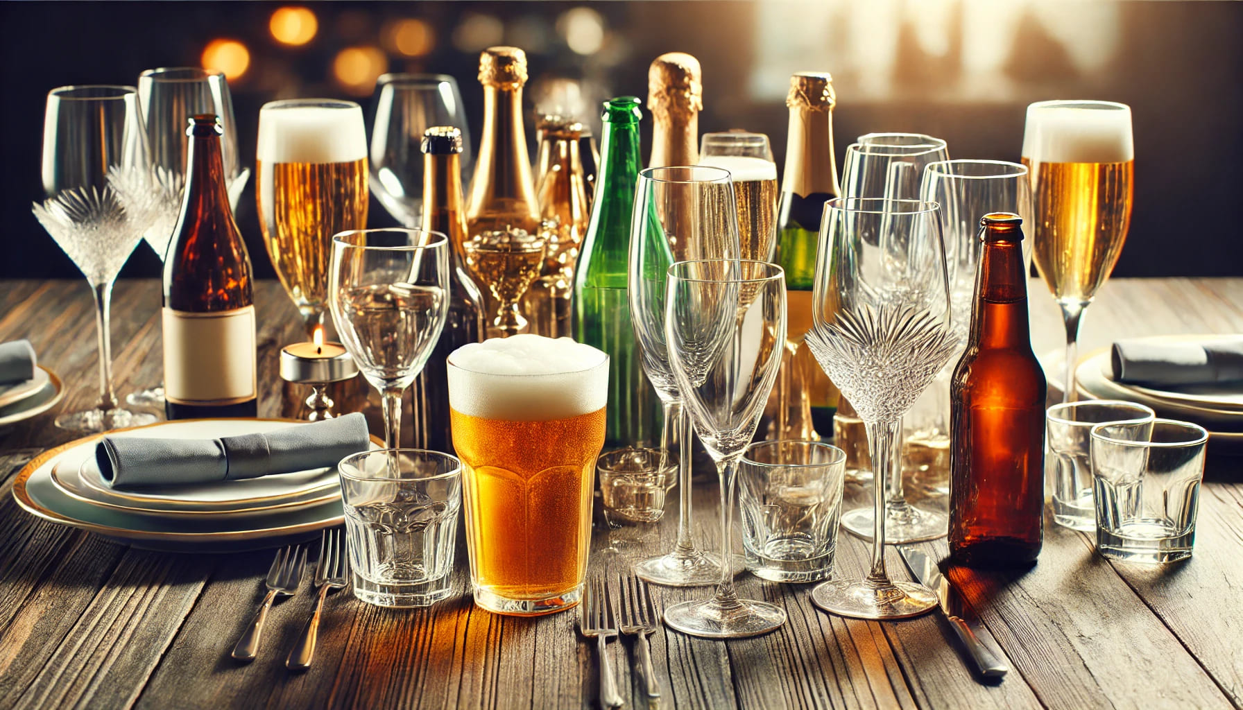 A variety of glassware arranged on a table, including wine glasses, champagne flutes, beer glasses, cocktail glasses, and tumblers. The setting should