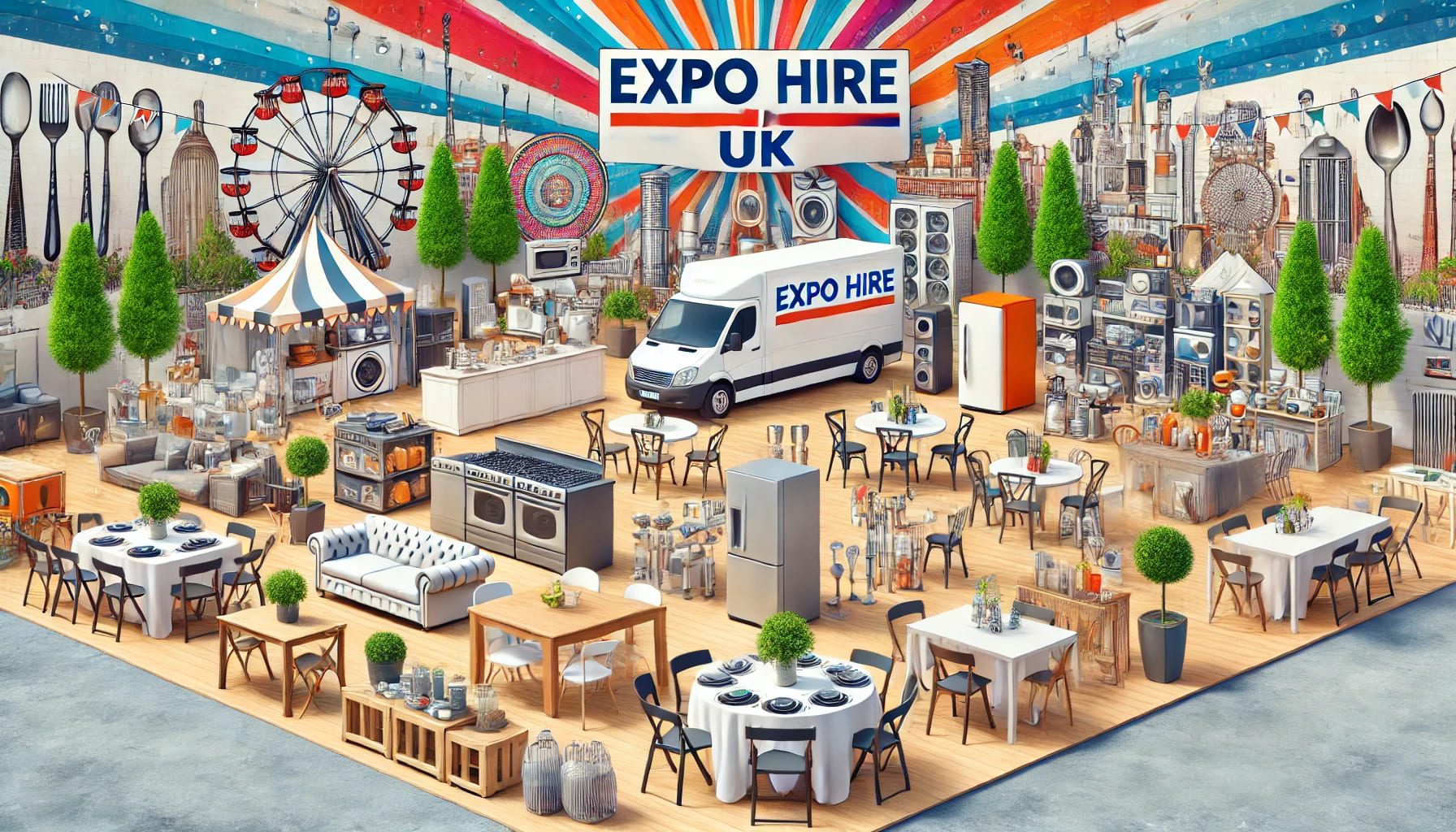 A vibrant and well-organized event showcasing various hired equipment such as furniture, kitchenware, and outdoor setups, representing Expo Hire UK's