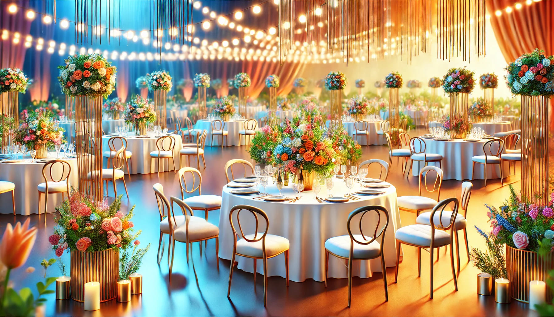 A vibrant event setting showcasing a variety of table and chair arrangements