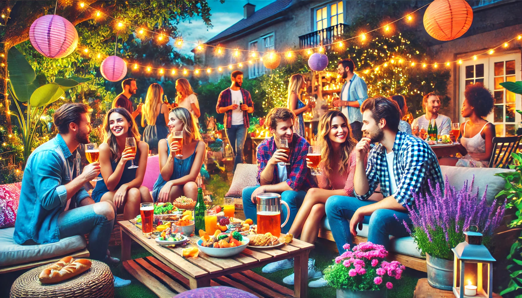 A vibrant summer party with a mix of young adults enjoying drinks, food, and conversation, set in a well-decorated outdoor space with fairy lights and