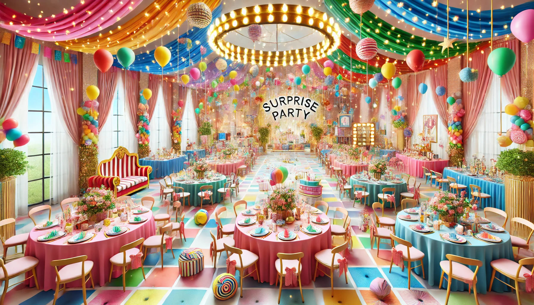 A vibrant surprise party setup with various types of event equipment, including tables, chairs, and decorations, in a spacious and well-decorated venu