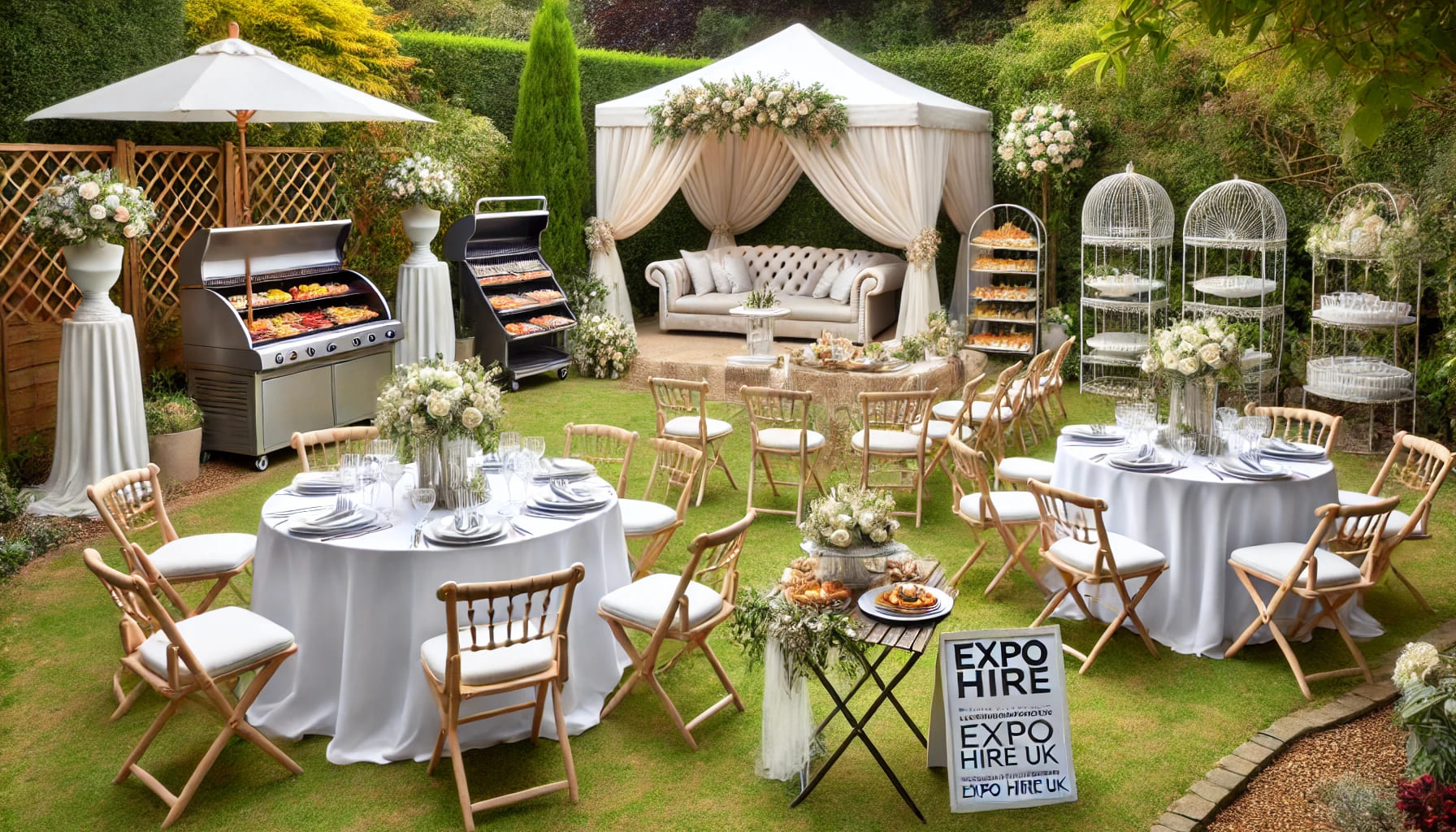 A wedding planning scene with various event hire items from Expo Hire UK including chairs, tables, and catering equipment in a garden setting