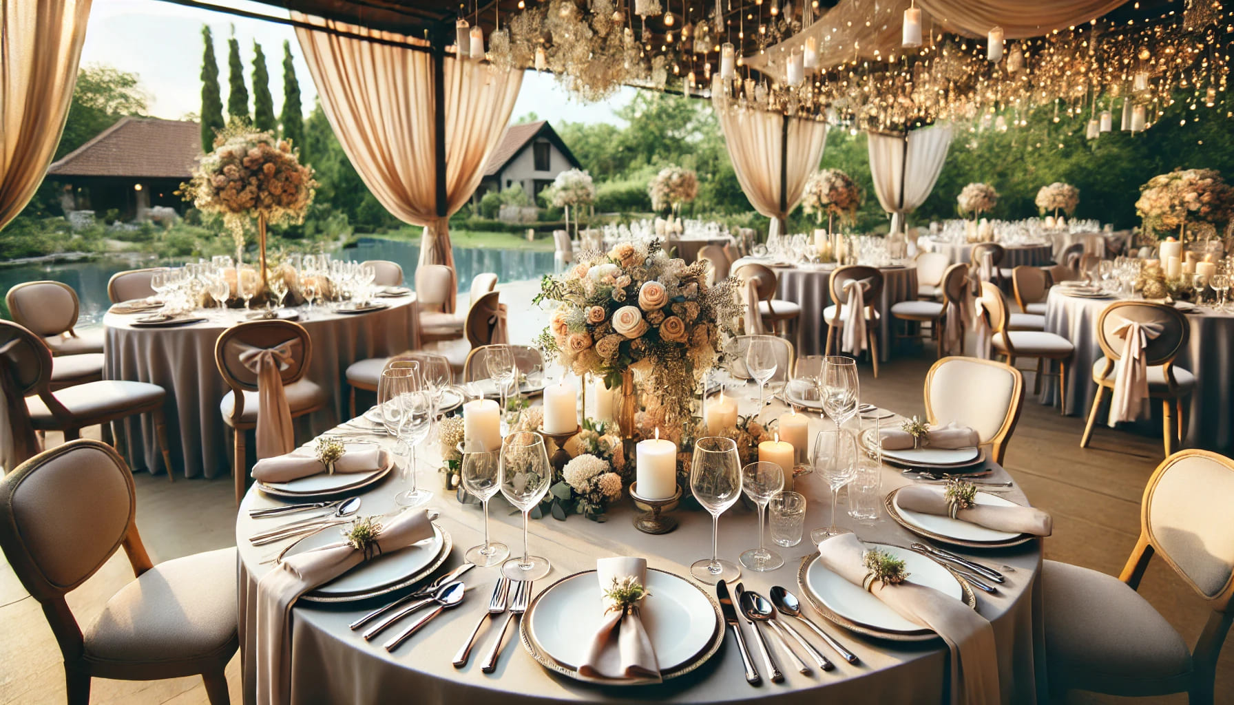 A wedding venue with round dining tables set up for a reception, featuring elegant table settings with plates, glasses, cutlery, and decorative elemen