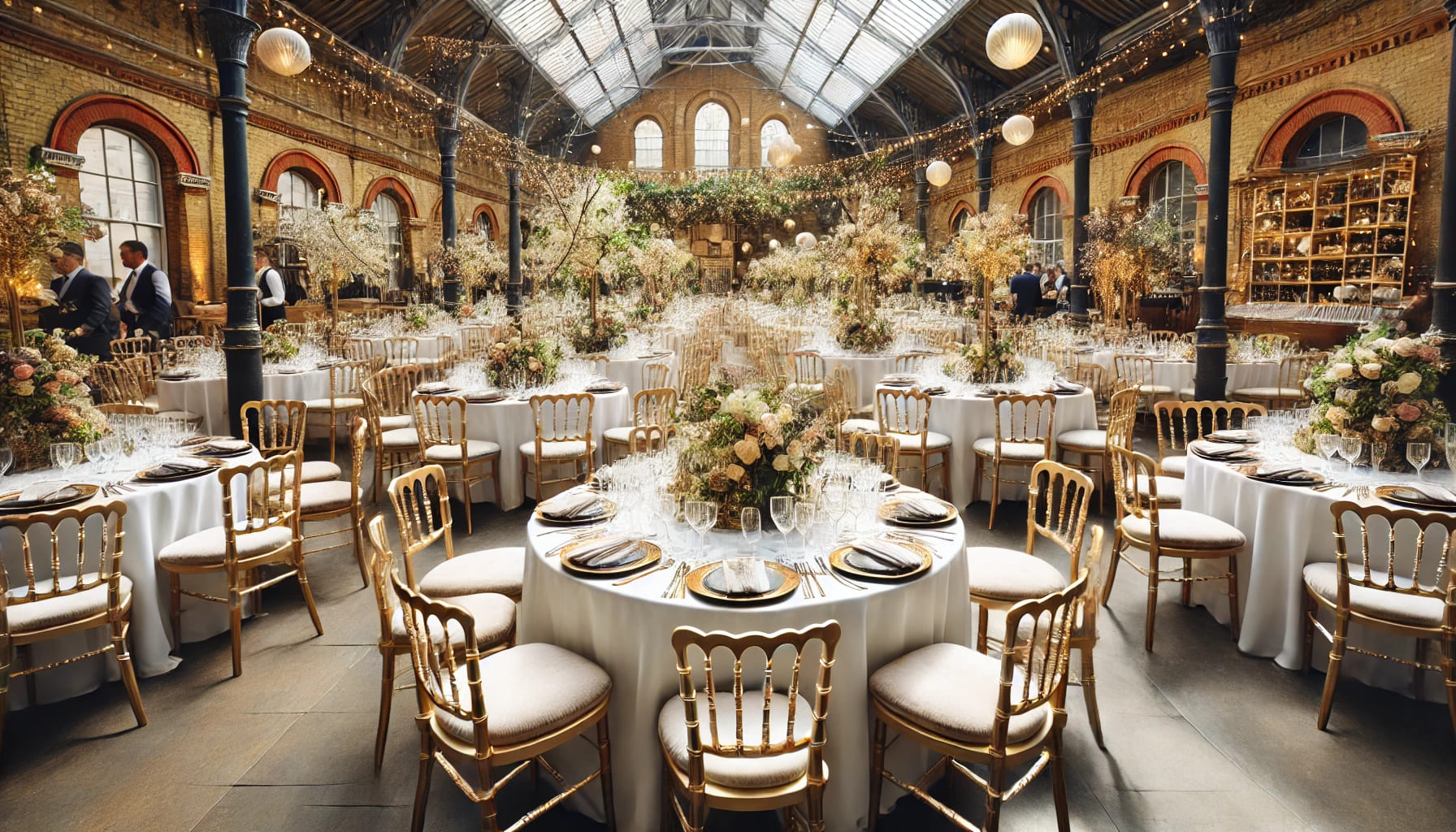 A well-decorated event setup in London with elegant tables and chairs arranged for a formal event, showcasing the variety and quality of furniture ava