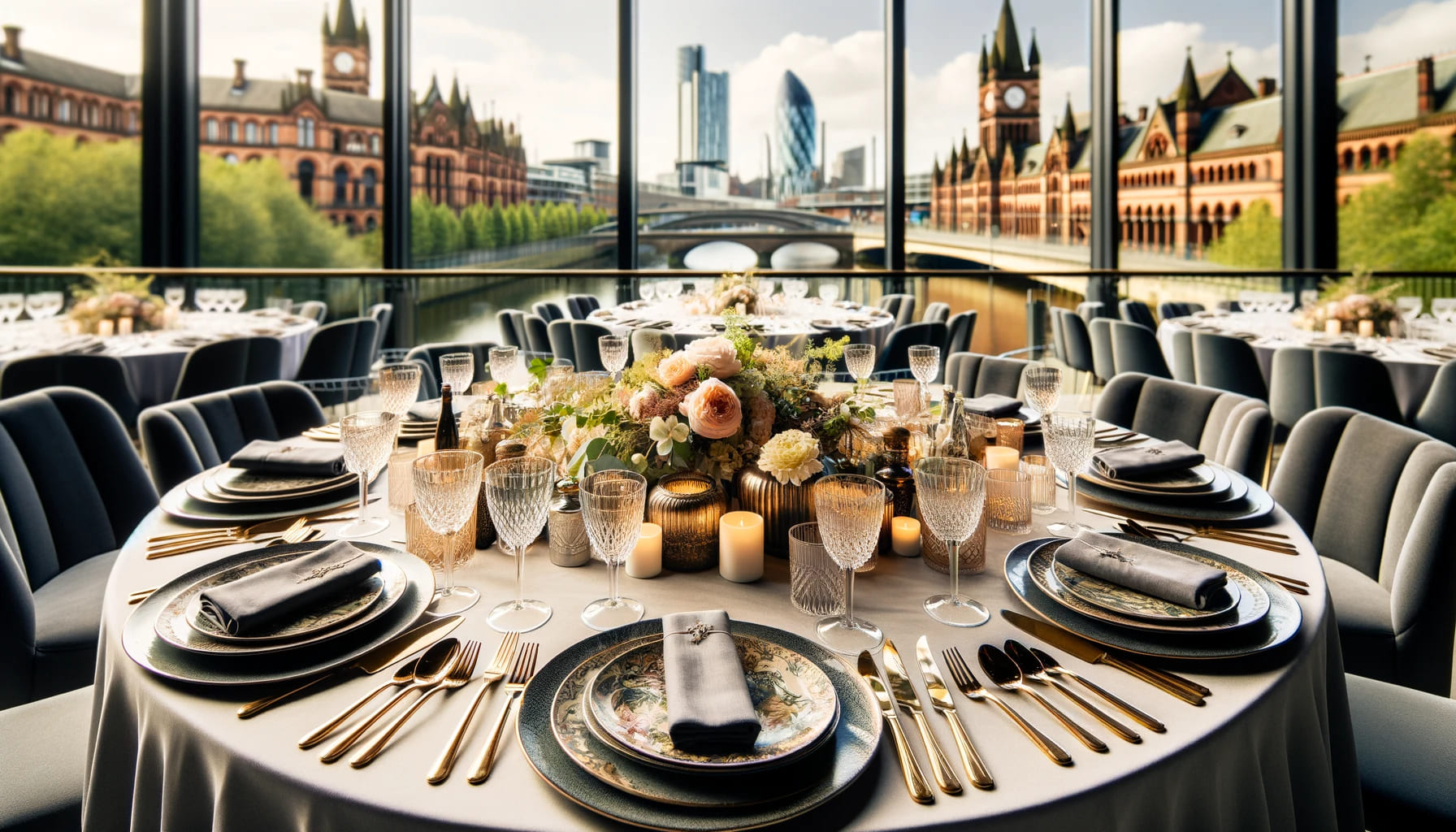 A well-decorated event table in Manchester with stylish plates, cutlery, and glasses. The setting is elegant, suitable for weddings or corporate event