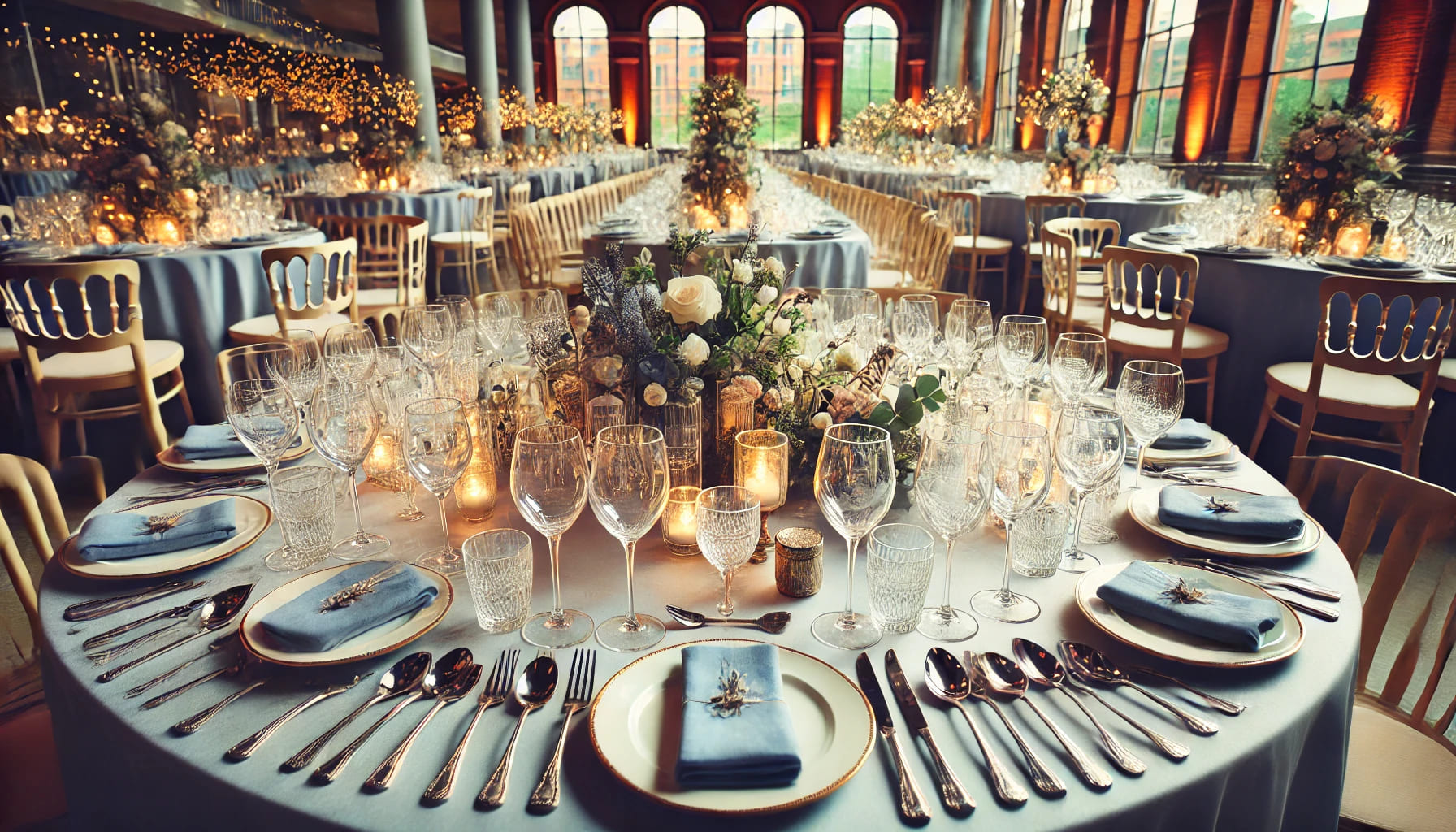 A well-organized event in Birmingham with elegant table settings, featuring beautifully arranged glassware, highlighting the sophistication and charm