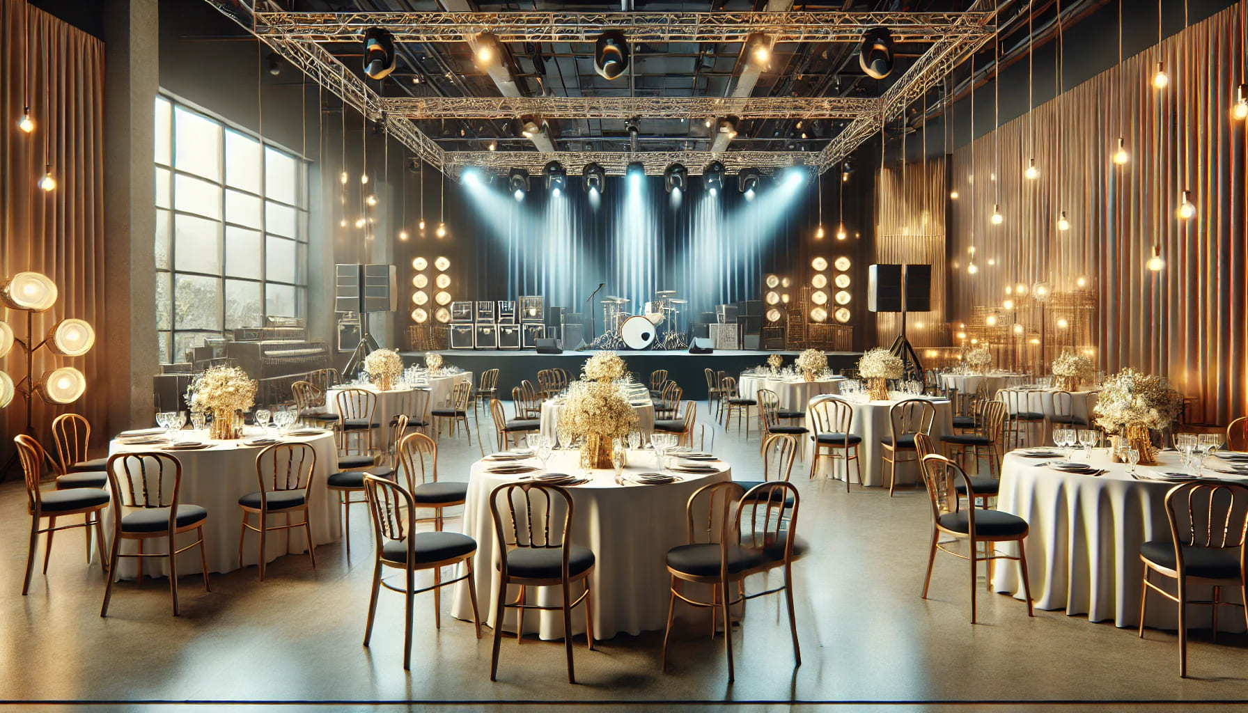 1 A well-organized event setup featuring rental furniture, including stylish chairs, tables, and a stage, in a modern venue with soft lighting, emphasiz