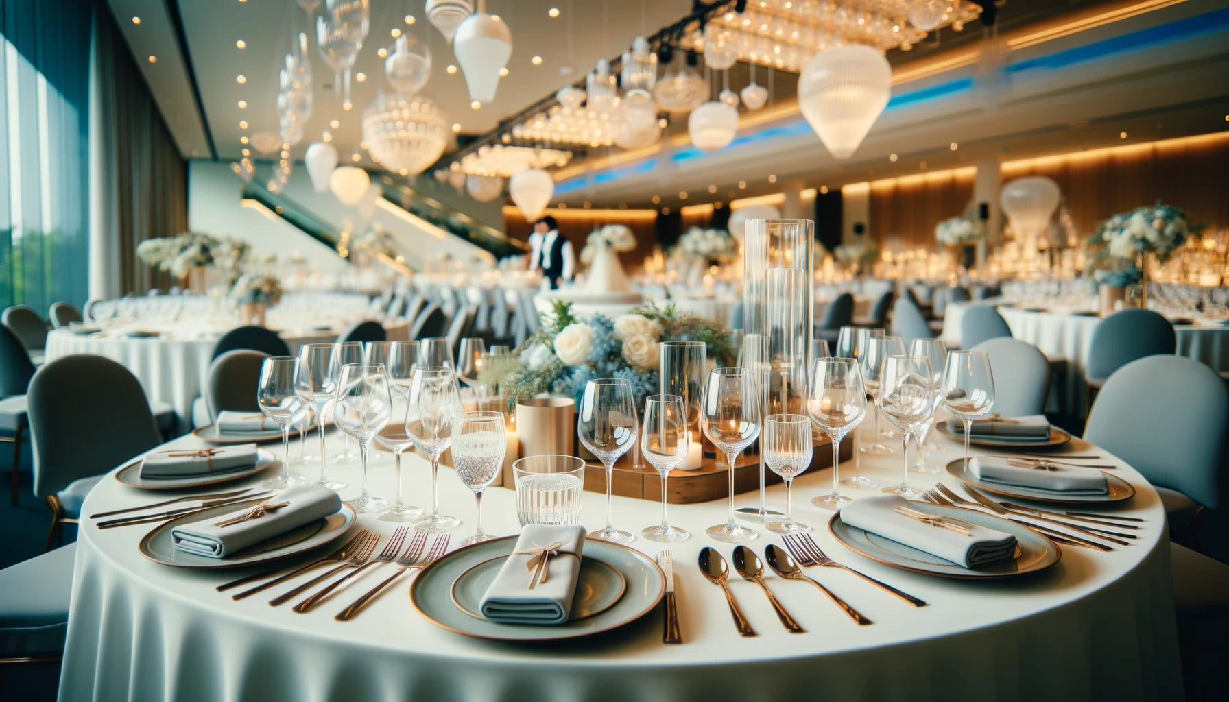 A well-organized event table setup with various types of glassware, such as wine glasses, champagne flutes, and water tumblers, displayed elegantly on