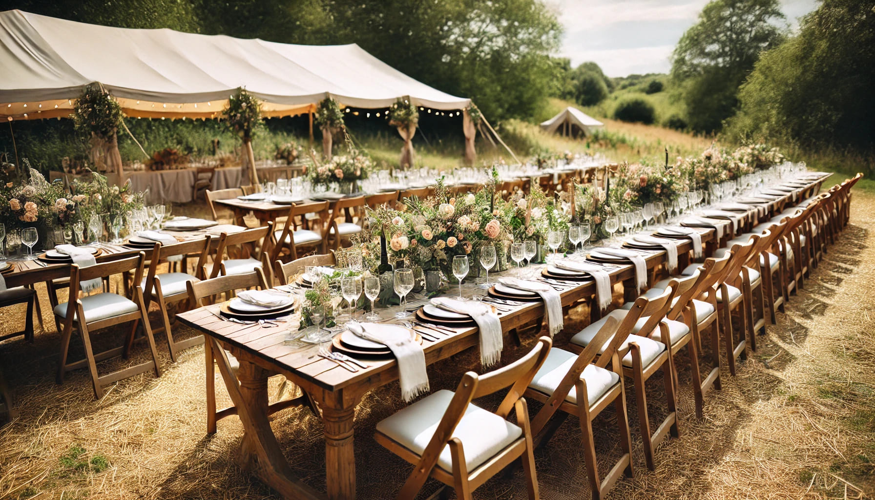 1 A well-organized outdoor wedding event in the UK with rustic trestle tables arranged